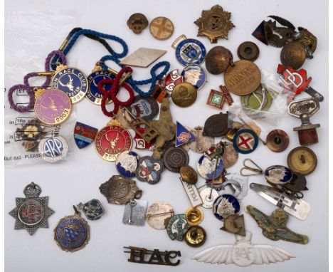 A collection of various enamel badges including a WWII ARP badge for C&T Harris (Calne) Ltd:, a Primrose League enamel badge,