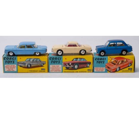 Corgi 239 Volkswagen 1500 Karmann Ghia: white with red interior and spun hubs, Corgi 229 Chevrolet Corvair, light blue, off w