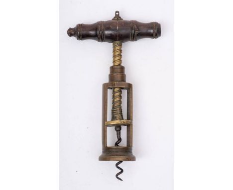 A 19th Century brass double bar corkscrew: the turned rosewood handle over an open frame body with button and wire helix, 19c