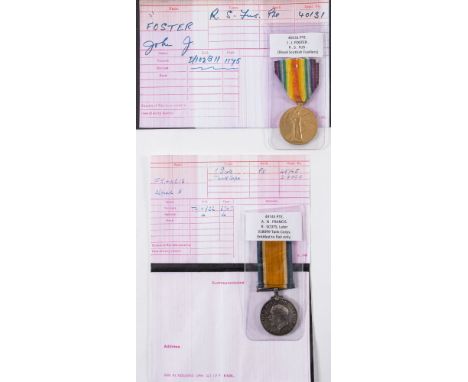 A WWI War Medal to '49745 Pte A N Francis R Scots' and a Victory Medal to '40131 Pte J J Foster R S Fus':, (2)