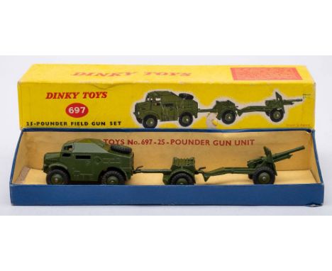 Dinky 697 25-Pounder Field Gun Set: artillery tractor ammunition trailer and gun in military green with black treaded tyres, 