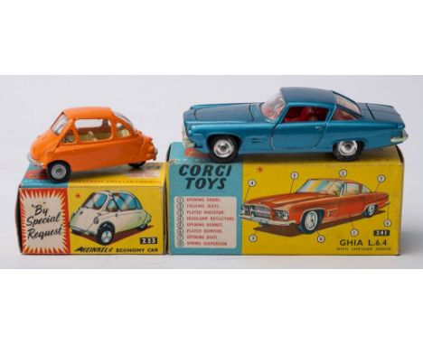 Corgi 233 Heinkel Economy Car:, orange body, yellow interior,spun hubs, and Corgi 24 Ghia L64 with Chrysler Engine, mid blue 