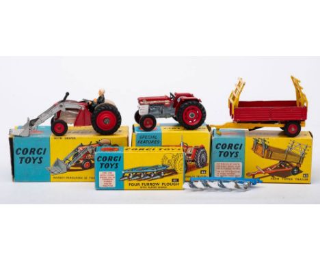 Corgi boxed group of agricultural vehicles: No 57 Massey-Ferguson 65 Tractor with Forks, No 61  For Furrow Plough No 62 Farm 