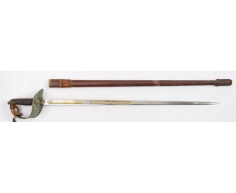 A George V Officers Dress sword by Hawksworth , Sheffield: the straight single edge blade with acid etched decoration , crown