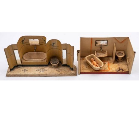 Two early 20th century tinplate bathroom sets: one three sided open room with detachable bath, sink and WC, both the sink and