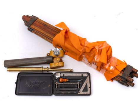 Kent (Japan) miniature camera:, together with an oak and brass tripod, a part 'Practical Wireless' tool kit and a set of bras