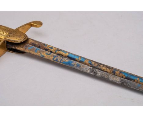 A Georgian Royal Navy Midshipman's short sword: the straight single edge fullered blade with  gilt and blued decoration with 