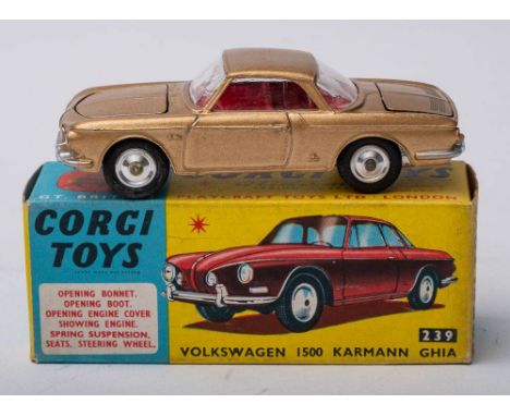 Corgi 239 Volkswagen 1500 Karmann Ghia: gold body , sliver trim, red interior, spun hubs, black treaded tyres, light brown pl