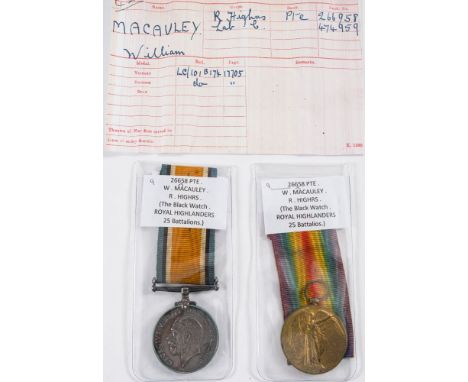 A WWI pair to '266958 Pte W Macauley R Highrs' (The Black Watch Royal Highlanders 25th Bttn):.