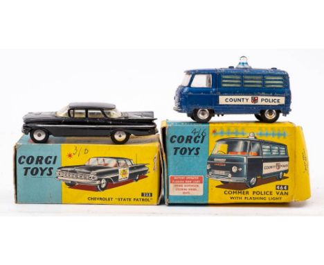 A Corgi No 464 Commer Police Van with flashing light: in box together with a Chevrolet Impala in a No 223  Chevrolet State Pa
