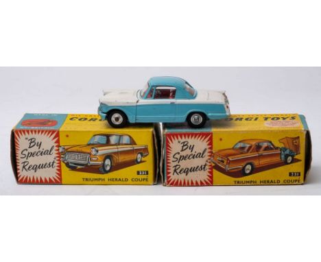 Corgi 231 Triumph Herald Coupe: white and blue body, red interior, spun hubs, in blue and yellow picture box with Corgi Club 