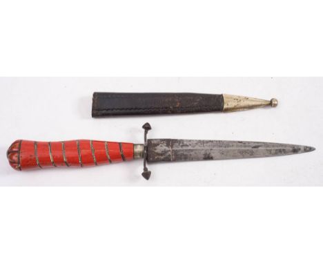 A Victorian stiletto dagger:, the short lozenge shaped blade with steel hilt and double quillons over a wire bound red painte