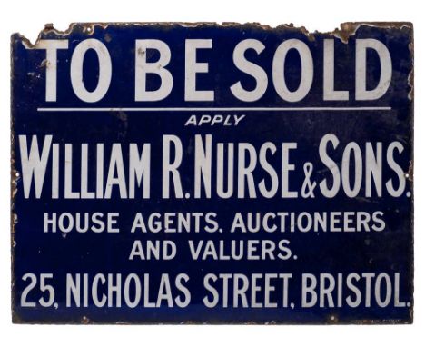 An enamel advertising sign for William R Norse & Sons, House Agents, Auctioneers and Valuers , Bristol:, white text on  blue 
