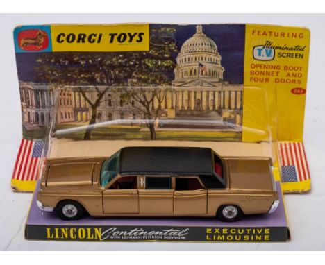 Corgi 262 Lincoln Continental Executive Limousine: black roof and gold body, red interior with chrome bumpers and spun hubs, 