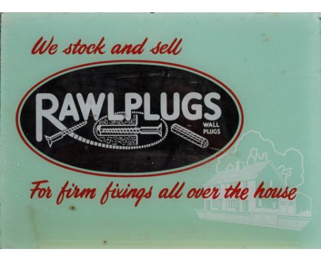 A mid 20th Century 'Rawlplugs' glass advertising panel: 26 x 35cm,together with five lithograph advertising posters  lacquere