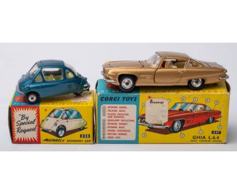 Corgi 233 Heinkel Economy Car:, blue body, yellow interior,spun hubs, and Corgi 24 Ghia L64 with Chrysler Engine, gold with c