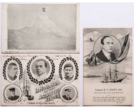 British Antarctic Expedition 1910-1913. Two commemorative postcards: one 'In Memoriam of the Antarctic Heroes' with photograv