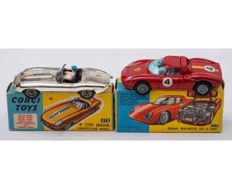 Corgi  312 E -Type Jaguar Competition Model: silver with black interior and blue helmeted driver, wire wheels, blue and yello