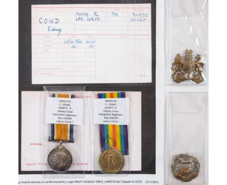 A WWI pair to '34970 Pte S Cowd Hamp's R' together with two cap badges:.
