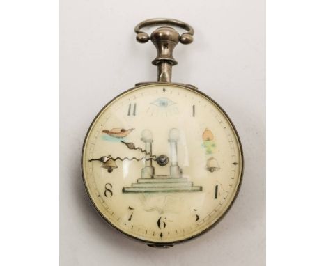 A late Georgian Masonic silver pair cased  pocket watch: Birmingham 1811, the enamel dial with Arabic numerals and hand paint