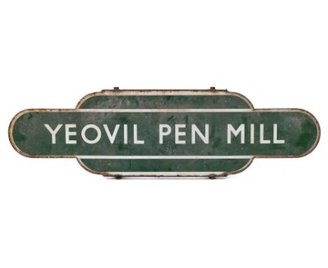 A BR (S)  Totem 'Yeovil Pen Mill': white and green with original mounting bracket 92cm (storage patina and light rusting to e