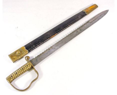 A British 1856 pattern Pioneers sawback sword:, the straight blade with double edge point and sawback, stamped with broad arr