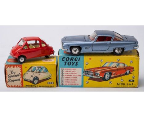 Corgi 233 Heinkel Economy Car:, red body, yellow interior,spun hubs, and Corgi 24 Ghia L64 with Chrysler Engine, light blue w