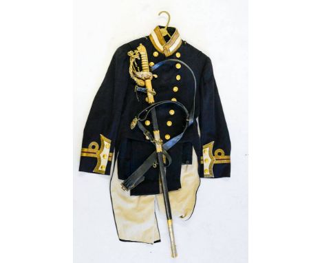 An Elizabeth II Royal Navy  Doctors No 1 Dress and Dress sword:, comprising  tail coat and trousers,  the sword with acid etc