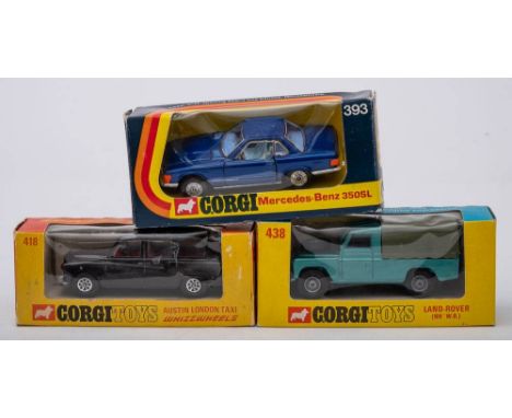 Corgi  393 Mercedes-Benz 350SL: dark blue with light blue interior, cast wheels, Corgi 418 Auction London taxi, black  with r