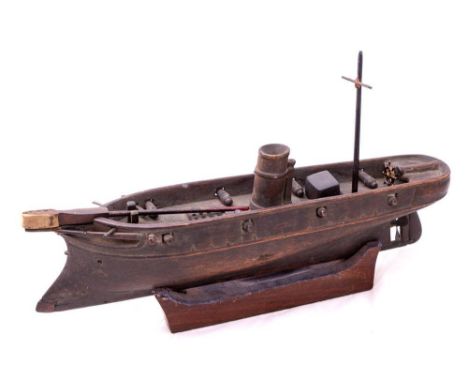 A late 19th /early 20th century  model of a Torpedo Ram:, turned funnel over open deck with grate, helm and open ports with g