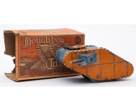 Louis Marx &amp; Co (USA) tinplate clockwork 'Doughboy Tank': blue and orange with top and side mounted guns, the rear openin