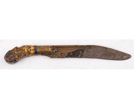 A 19th century brass and ivory mounted  pesh kabz.:, the curved blade   with gilt brass scrollwork overlay and rounded hilt, 