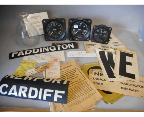 A BR diesel locomotive speedometer by Smiths: an RPM counter an AMP counter, assorted BR carriage signs, a BR glass carafe, B