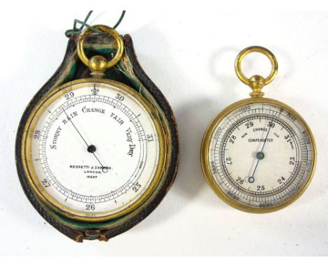 A 19th Century gilt brass pocket barometer by Negretti &amp; Zambra, London : number '14857' , white enamel calibrated dial s
