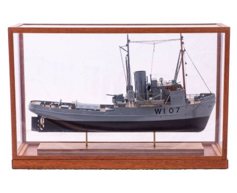 A scale model of the Royal Navy Assurance-Class Rescue Tug 'Adept' (W107):,  fully rigged aerial masts over bridge with binna