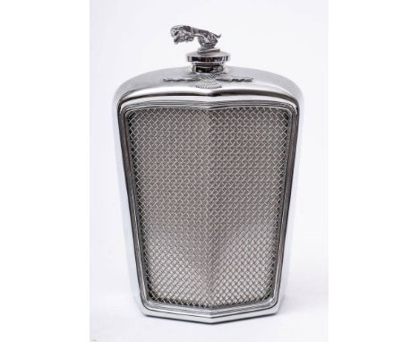 A Jaguar SS radiator grill hip flask:, with mascot cover, 19.5cm high 