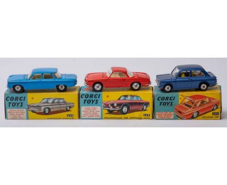 Corgi 239 Volkswagen 1500 Karmann Ghia: red with white interior and spun hubs, Corgi 229 Chevrolet Corvair, light blue, off w