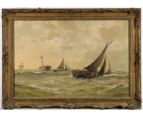 Frederick James Aldridge [1850-1933]-A light-ship and trawlers is a swell,:-signed bottom rightoil on canvas, 49.5 x 75cm.