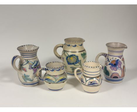 A collection of five Collard Honiton pottery jugs, all in varying sizes. (tallest h-21cm smallest h-13cm) (5)