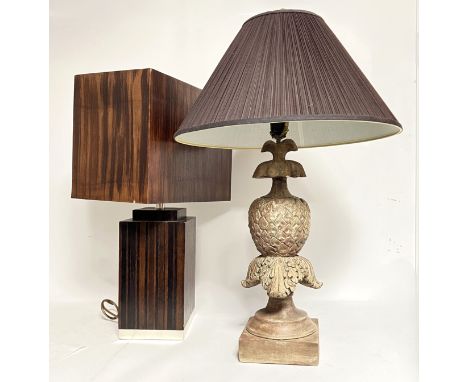 A veneered wood based table mount lamp with shade and white metal mounted base (h. x 65 cm w. x 41 cm) and a pineapple detail
