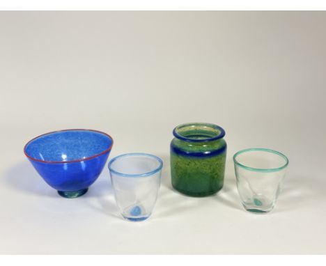 A collection of Studio of glass comprising, a H. Gibson, blue bowl with a red rim (signed verso h-9cm), together with a Hadil