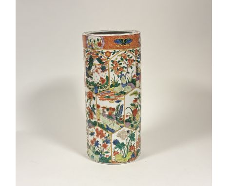 A 20thc Chinese ceramic stick stand decorated with various Chinese animal scenes such stork, pheasant and lion etc. (marked&n