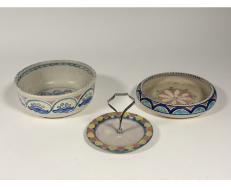 A collection of three Collard Honiton pottery comprising, a nibbles serving plate with handle, a large decorative bowl (h-8cm