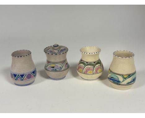 A collection of three small Collard Honiton Pottery vases together with a small pot with cover. (tallest h-10.5cm smallest h-