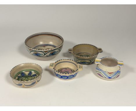 A collection of Collard Honiton Pottery wares comprising, two twin handled dishes, an ash tray (h-6cm), a small trinket bowl 