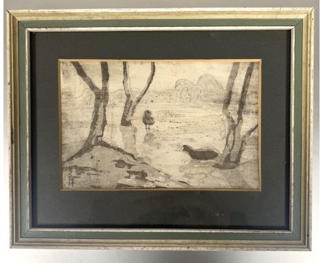 Unknown artist, signed indistinctly, a framed etching of sheep in field with trees 15 x 9 cm, a coloured print/etching of lon