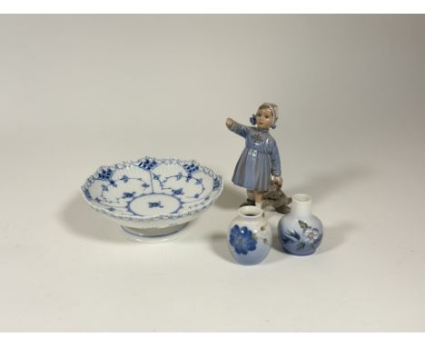 A collection of decorative Royal Copenhagen ornaments comprising, a blue and white footed dish with lace style edge (h-6cm w-