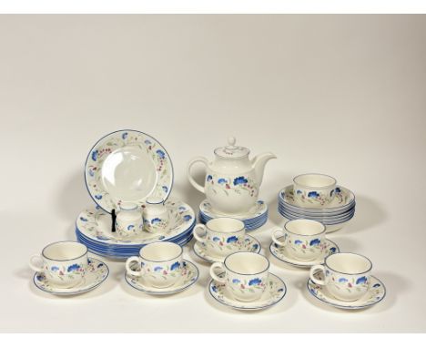 A Royal Doulton Expressions Windermere pattern tea service comprising, six coffee cups, six saucers, a teapot (h-19cm), a sug