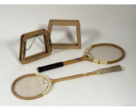 A vintage Slazenger Queens wooden badminton raquet (damage to string) (l-69cm), a vintage Dunlop Maxply Junior Tennis Racket 
