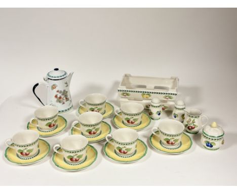 A Villeroy and Boch, French Garden Fleurence pattern part service comprising, a salt and pepper shaker, a sugar pot with cove